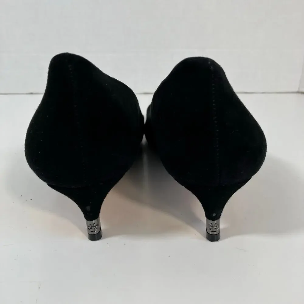 Tory Burch Sz 9 Greenwich Black Suede Kitten Heels Pointed Toe Logo Heel